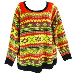 Attitudes By Renee Fair Isle Sweater Colorful Chartreuse Red Black Christmas XL